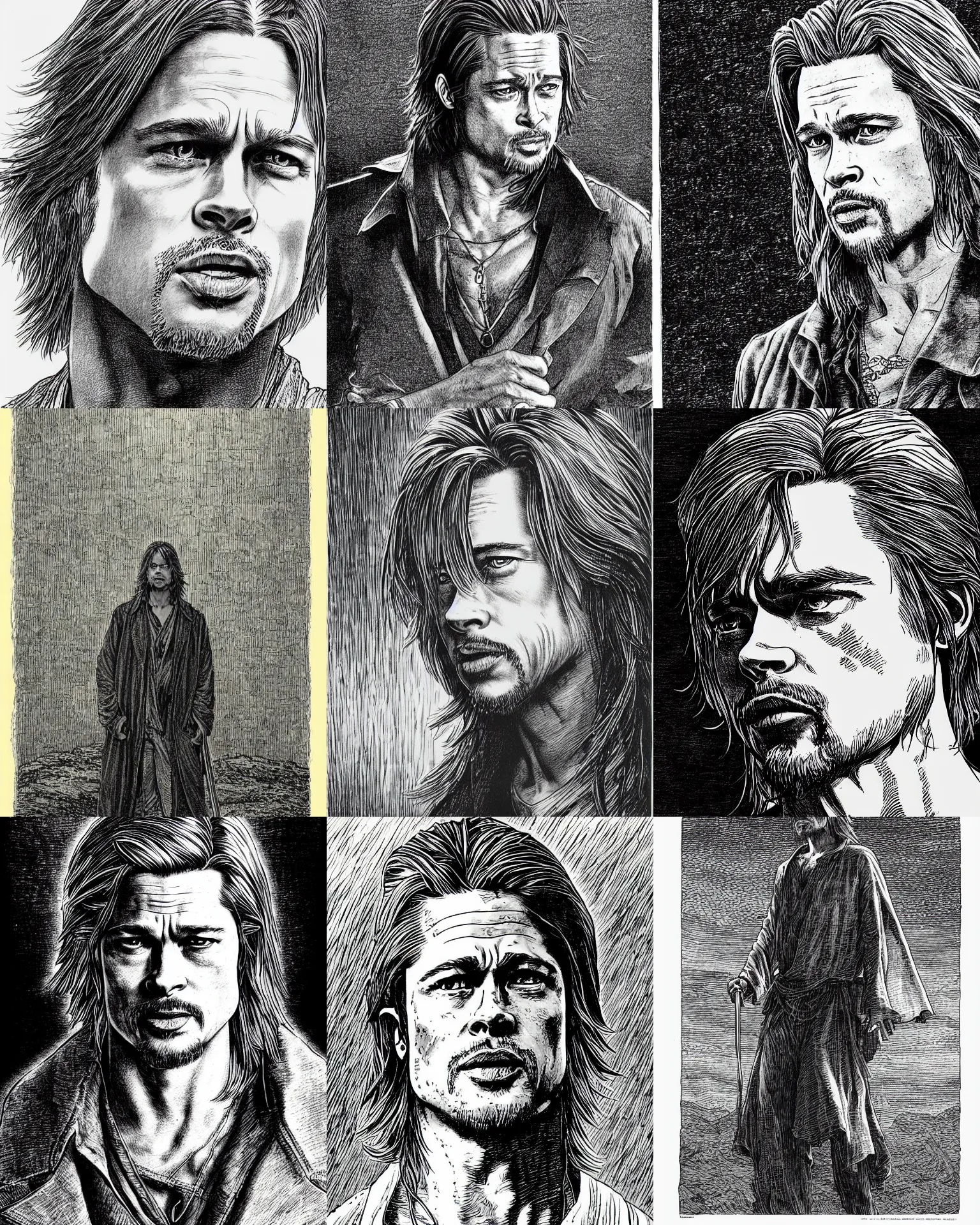 Prompt: detailed brad pitt in vagabond manga by gustave dore, black ink