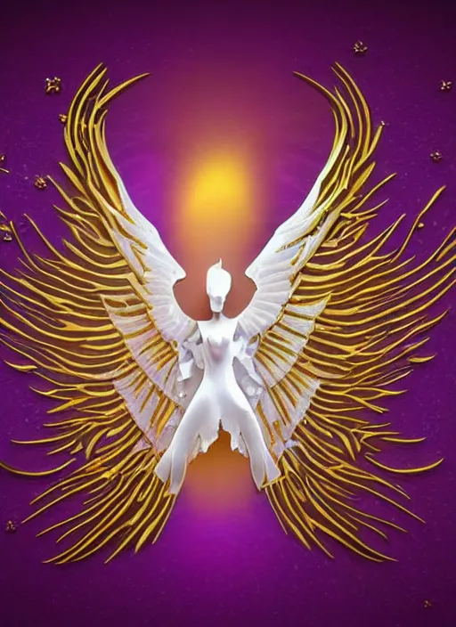 Image similar to white phoenix purple gold colour salt crystals sharp detail 3d render simple background graphic ultra simplified deco design fai khadra gaika style