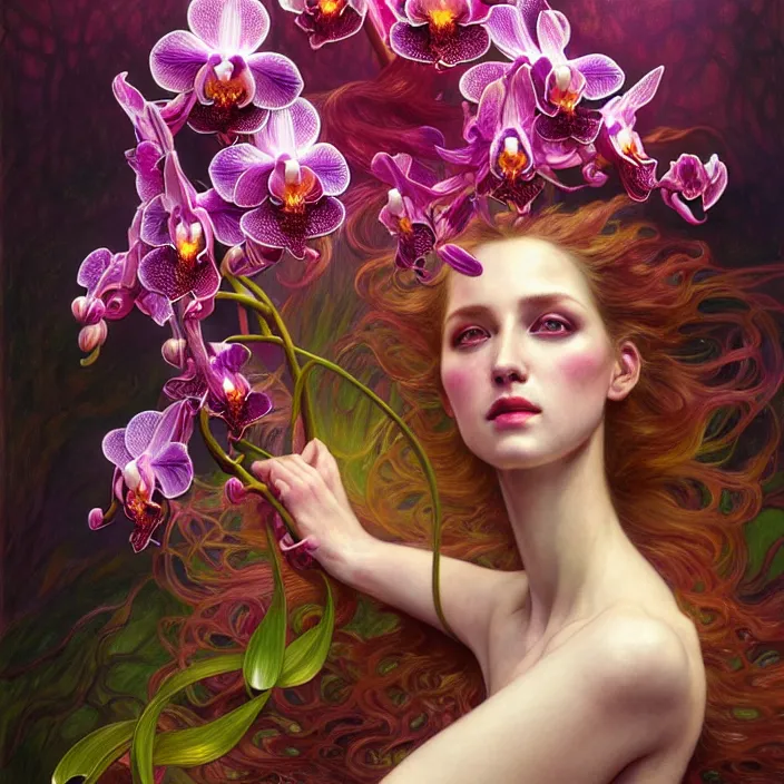 Prompt: psychedelic creature made of orchids, diffuse lighting, fantasy, intricate, elegant, highly detailed, lifelike, photorealistic, digital painting, artstation, illustration, concept art, smooth, sharp focus, art by John Collier and Albert Aublet and Krenz Cushart and Artem Demura and Alphonse Mucha