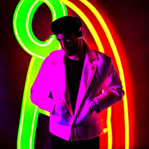 Image similar to the goat dj in a white jacket, retrowave, neon light,