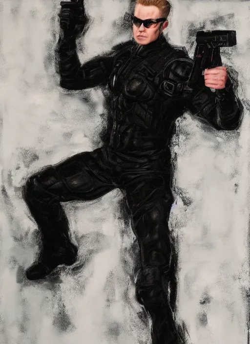 Image similar to Albert Wesker full body portrait, action! pose!, oil painting, surrounded by black tendrils