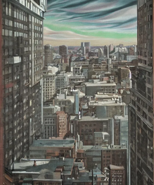 Image similar to horrifying full color photorealistic painting of the view from a 1 9 2 5 hotel terrace balcony overlooking a warped view of downtown boston with a cosmic sky, dark, atmospheric, brooding, smooth, finely detailed, cinematic, epic, in the style of lee gibbons