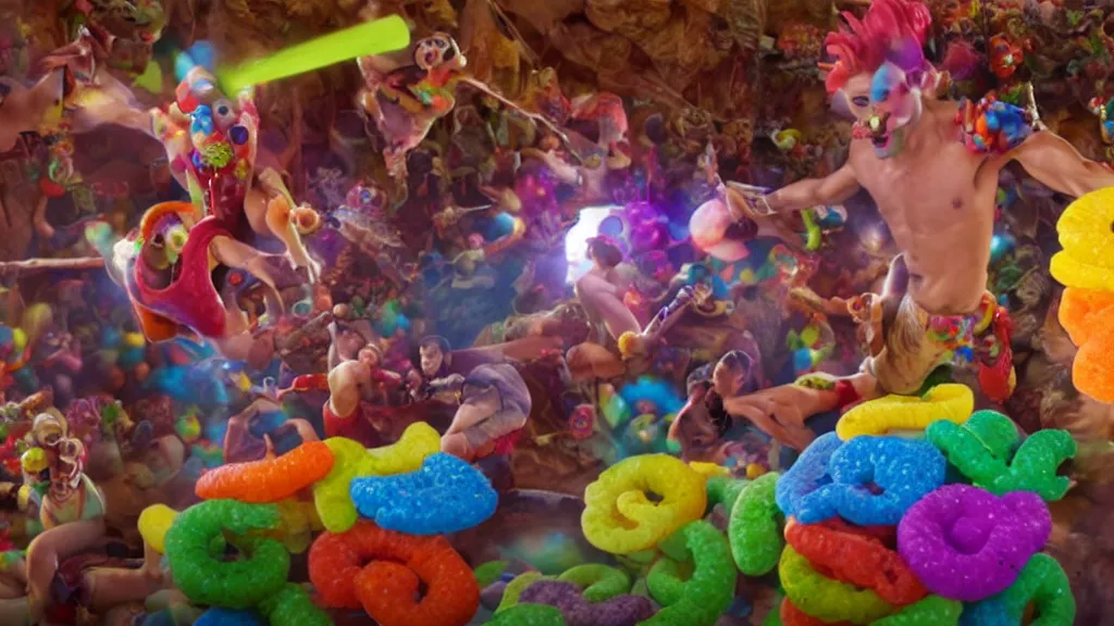 Prompt: film still of the Fruit Loops surreal action adventure movie. directed by James Gunn