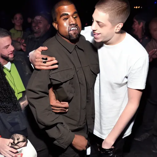 Image similar to kanye west hugging pete davidson, making up, friendly vibes