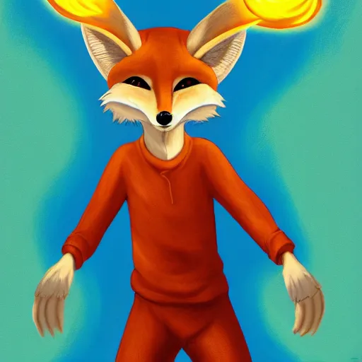 Prompt: An anthropomorphic fennec fox chracter wearing a blue sweatshirt and holding fireballs in a fighting pose, digital painting, furry fandom, detailed, impactful