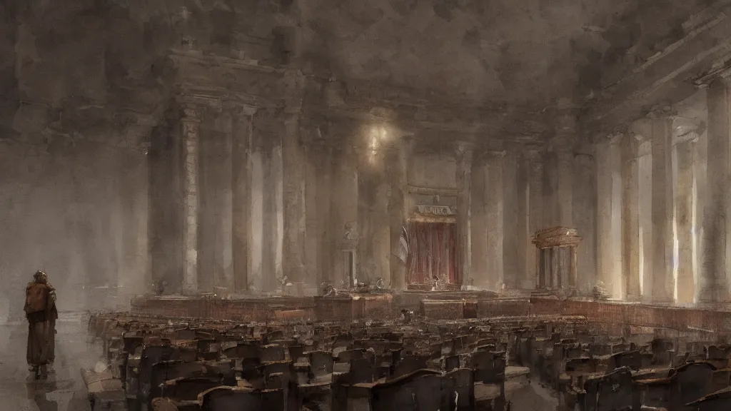 Prompt: interior of roman senate, watercolored, jakub rozalski, dark colours, dieselpunk, artstation