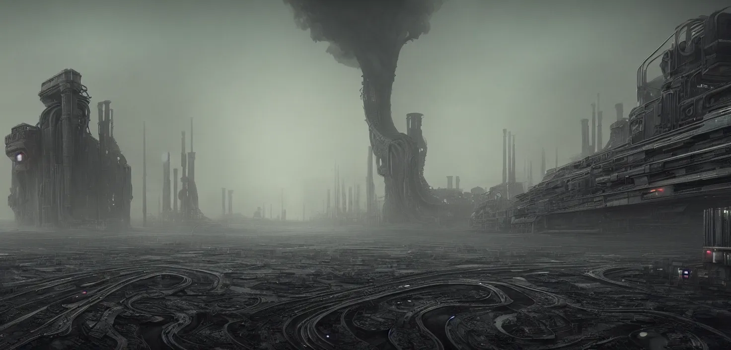 Image similar to polluted industrial alien landscape, smoke, soot, cinematic, detailed, epic, widescreen, opening, establishing, mattepainting, photorealistic, realistic textures, octane render, hr giger and vincent di fate, vivid color scheme, featured in artstation, octane render, cinematic, elegant, intricate, 8 k