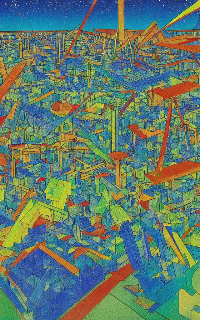 Prompt: park in fukuoka. cubes and prisms. retro art by jean giraud and van gogh.