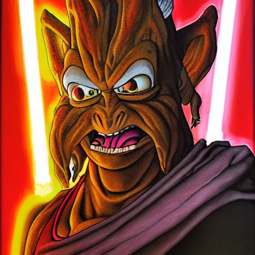 Prompt: portrait painting of jar jar binks, art by akira toriyama, 4 k, dragon ball artstyle, cel shaded, highly detailed, epic lighting