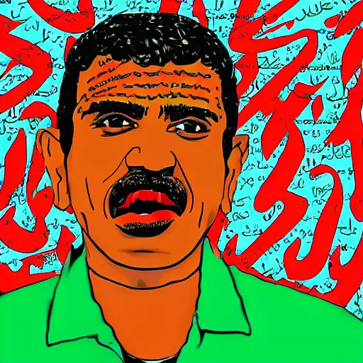 Image similar to omar souleyman in the style of daniel johnston and outsider art, 4k, overlaid with arabic letters