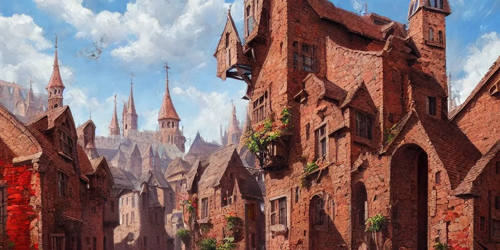 Prompt: hyper realistic oil painting of a medieval city, houses made out of red stone, houses made out of white stone, hyper detailed, high contrast, bright, summer, blue skies, by Greg Rutkowski, trending on artstation