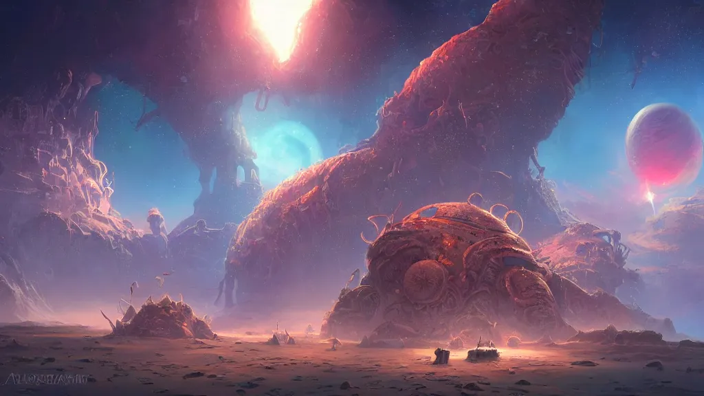 Image similar to Astronauts have a treasure with them, they take over the giant Cthulhu, they are over the ring of the gas planet, this is an extravagant planet with wacky wildlife and some mythical animals, the background is full of nebulas and planets, the ambient is vivid and colorful with a terrifying atmosphere, by Jordan Grimmer digital art, trending on Artstation,