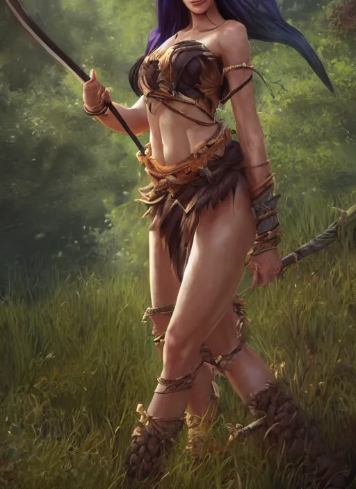 Image similar to nidalee with a spear, au naturel, hyper detailed, digital art, trending in artstation, cinematic lighting, studio quality, smooth render, unreal engine 5 rendered, octane rendered, art style by klimt and nixeu and ian sprigger and wlop and krenz cushart