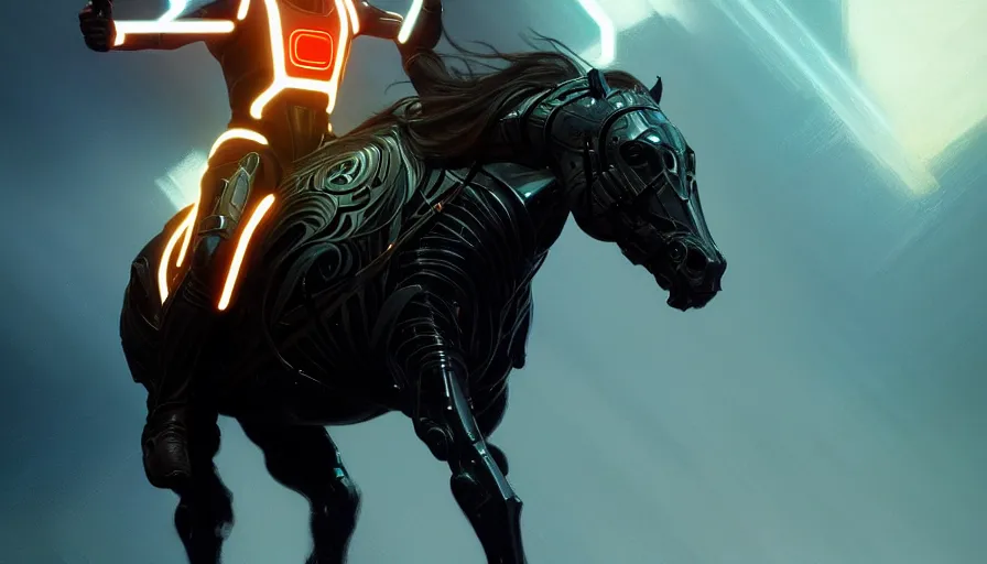 Image similar to tron legacy jesus riding cyborg horse, face, diffuse lighting, hyper realistic, concept art, intricate, hyper detailed, smooth, sharp focus, illustration, trending on artstation, art by greg rutkowski and james gurney and alphonse mucha