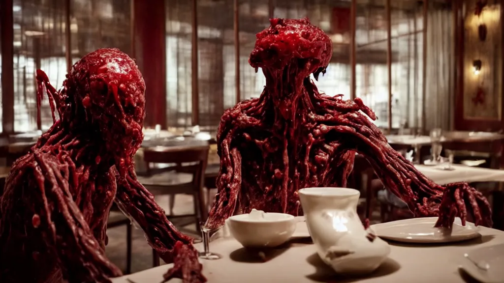 Prompt: the strange creature in a restaurant, made of blood and water, film still from the movie directed by Denis Villeneuve with art direction by Salvador Dalí,