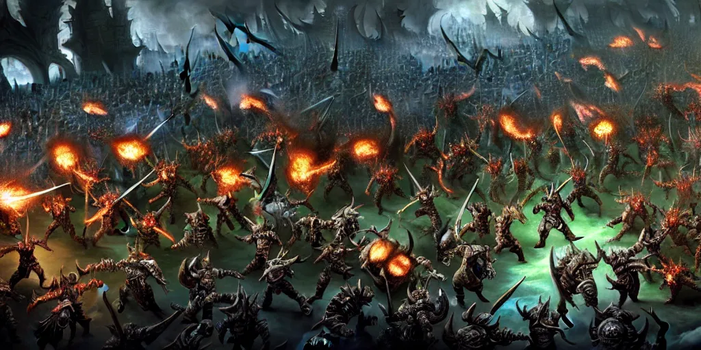 Prompt: an intricately detailed, ultra realistic, unreal engine 5, rendering of chaos champion, promotional illustration, nurgle battle, warhammer 4 0 k, fighting a large crowd of space marines, concept art, pestilence army, warlord _ and _ his _ sword _ fight