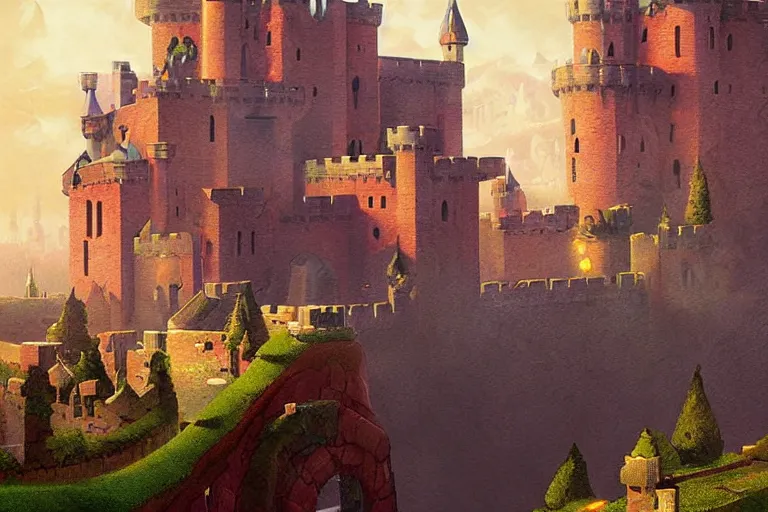 Prompt: Peach\'s castle from Super Mario 64. Very beautiful matte painting by Greg Rutkowski