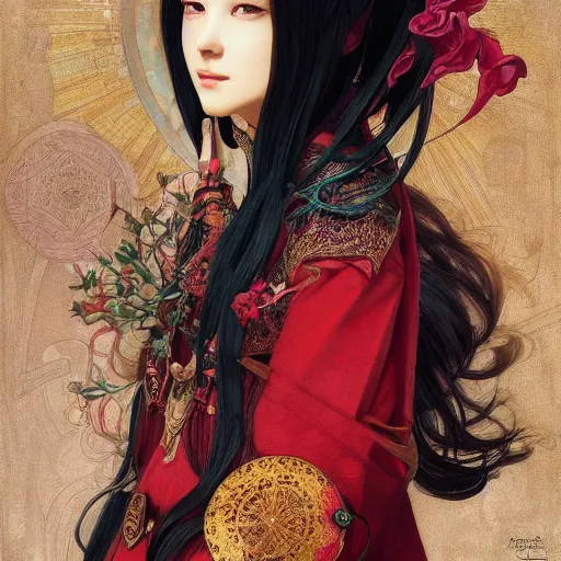 Image similar to a beautiful portrait of hatsune miku with long black and deep red colored hair dressed as a 1 0 th century european noblewoman, intricate, elegant, highly detailed, digital painting, artstation, concept art, matte, sharp focus, illustration, art by greg rutkowski and alphonse mucha