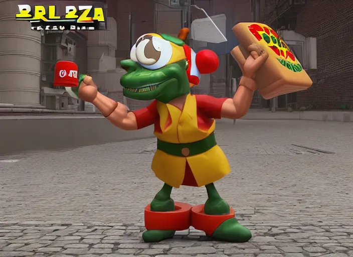 Image similar to 3 d model of pan pizza rebel taxi character in fighting game, stylized 3 d graphics, hdr, ultra graphics, ray tracing, 4 k image