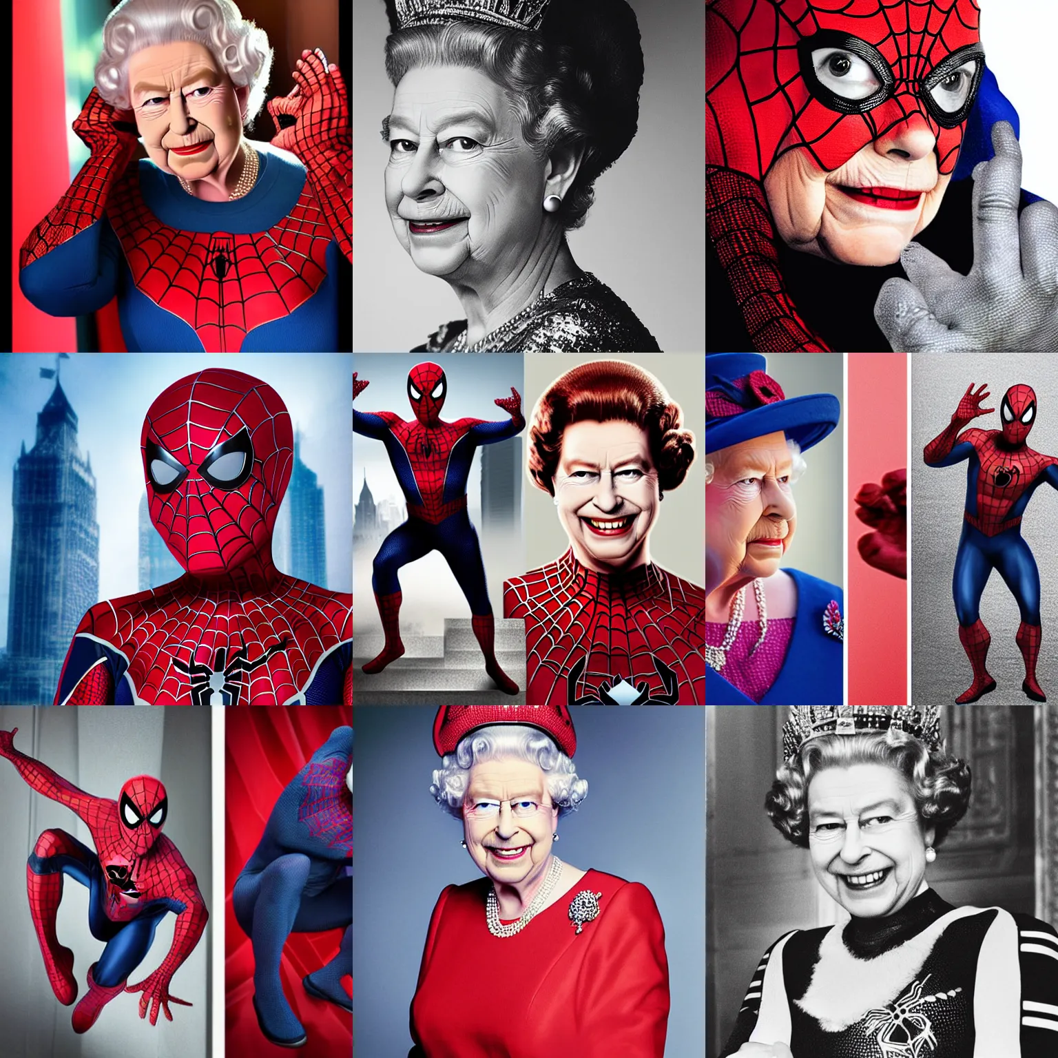 Prompt: queen elizabeth ii as spiderman, publicity set photo, cinematic photograph portrait