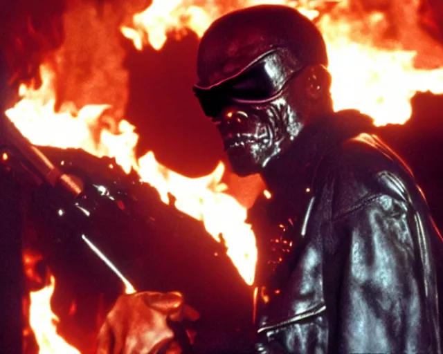 Image similar to Samuel L. Jackson plays Terminator wearing leather jacket and his endoskeleton is visible, walking out of flames