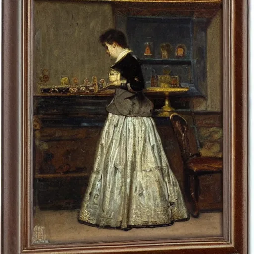 Prompt: woman collecting antique coins by alfred stevens
