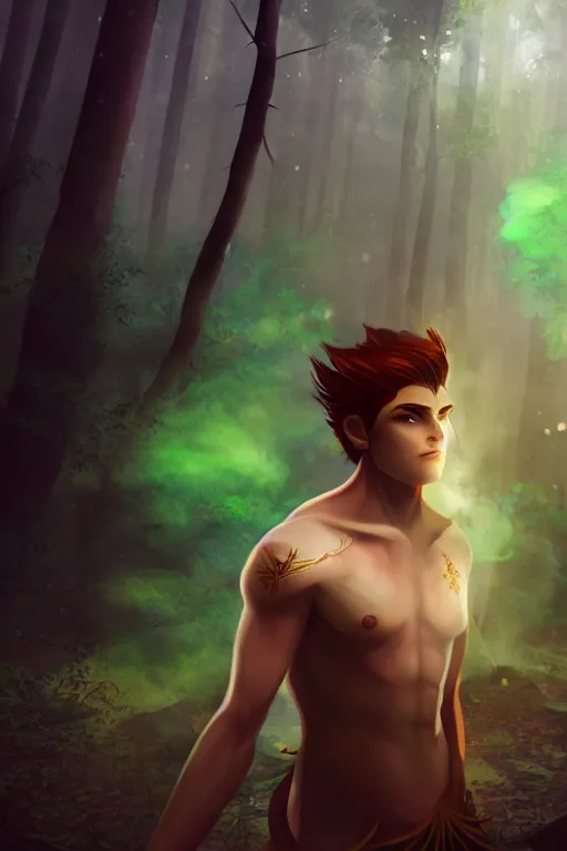 Image similar to a human elemental sorcerer, forest setting, colorful magic, male, white skin, young, sharp focus, concept art, dynamic lighting, unreal engine, by emylie boivin