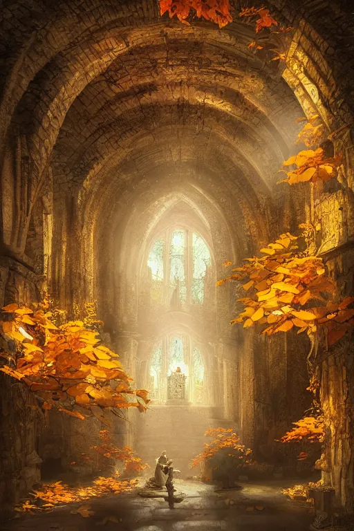 Prompt: Detailed Interior of Monastery Ruins, Autumn Leaves, light of god, light shafts, candles, stunning atmosphere, in Style of Peter Mohrbacher, cinematic lighting