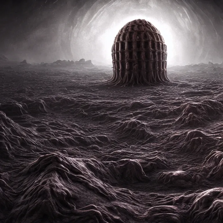 Prompt: ribbed surreal alien temple on exoplanet, standing in a desolate empty wasteland, creepy, nightmare, dream-like heavy atmosphere, surreal abandoned buildings, beautiful detailed intricate insanely detailed octane render trending on Artstation, 8K artistic photography, photorealistic, chiaroscuro, Raphael, Caravaggio, Beksinski, Giger