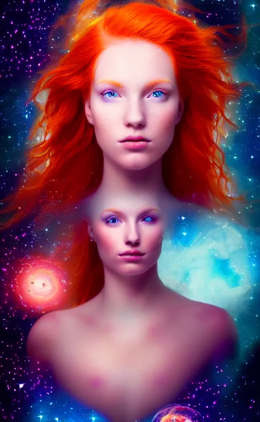 Image similar to space astral portrait of a beautiful girl, red hair, ginger hair, fantasy, glowing skin, smooth face, perfect eyes, half body shot, tarot card