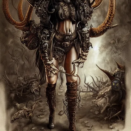 Image similar to a hyperrealistic portrait painting of a beautiful woman with demonic horns wearing steampunk goggles and ornate leather armor, walking into battle against an immense demonic army, by santiago caruso, highly detailed,