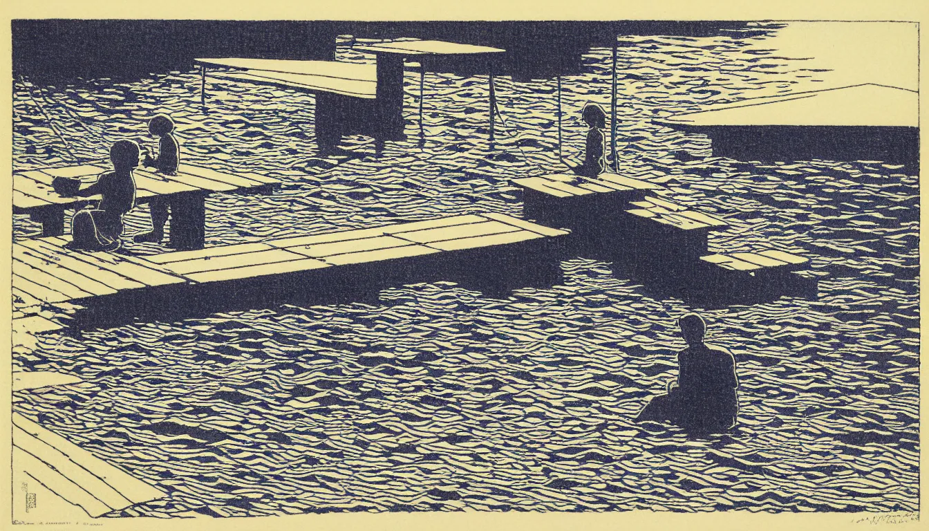 Image similar to sitting at the end of the dock by woodblock print, moebius