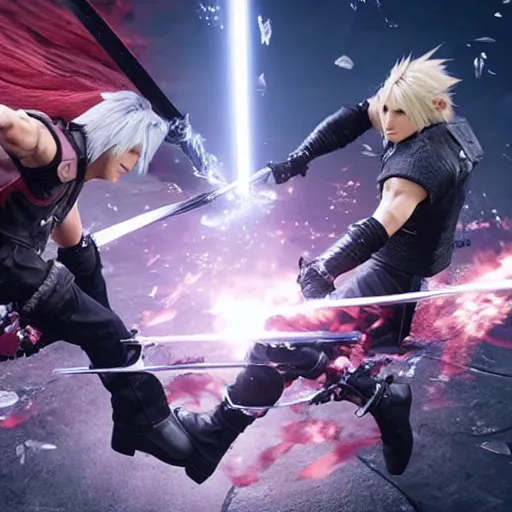 Prompt: Dante from Devil May Cry 5 and Cloud Strife from Final Fantasy VII Remake fighting each other with their swords, fantasy, shot on iphone, hyperrealism 8k,