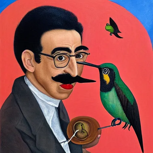 Prompt: painting Self-Portrait of groucho marx with Thorn Necklace and Hummingbird by Frida Kahlo