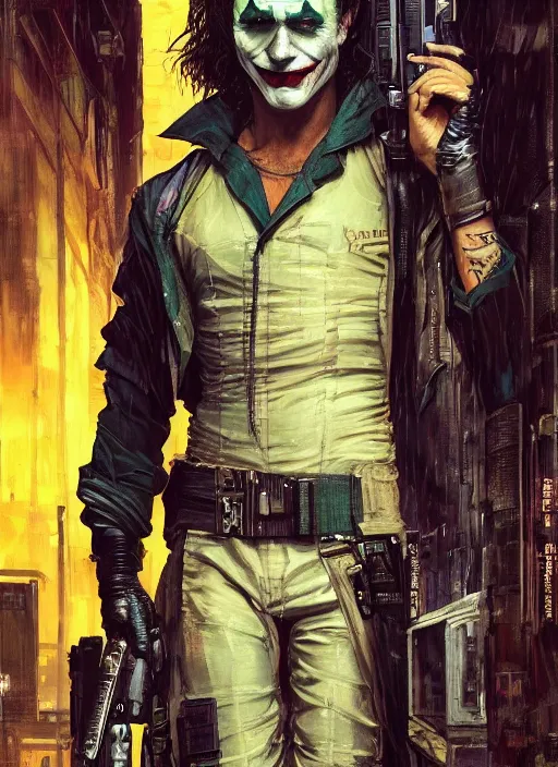 Prompt: the joker. cyberpunk mercenary in a cyberpunk jumpsuit ( blade runner 2 0 4 9, cyberpunk 2 0 7 7 ). orientalist portrait by john william waterhouse and james gurney and theodore ralli and nasreddine dinet, oil on canvas. cinematic, hyper realism, realistic proportions, dramatic lighting, high detail 4 k