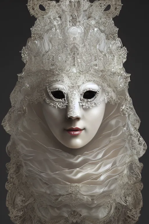 Prompt: highly detailed digital painting of a woman wearing venetian woman mask, sculpted in white opalescent marble, by wlop, with lots of thin ornaments, disolving with a luminous background, curves and chaotic fractal art inlays, intricate, 8 k, white box, cinematic light, high aperture, background atmospheric effects, larger view