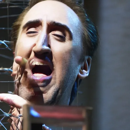 Prompt: a cagey nicholas cage caged in a cage on stage and enraged