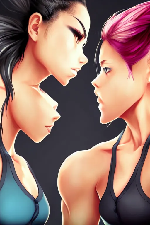 Image similar to two beautiful female fighters with hair tied in bun facing each other, gorgeous features, high definition, sharp focus, detailed anime art