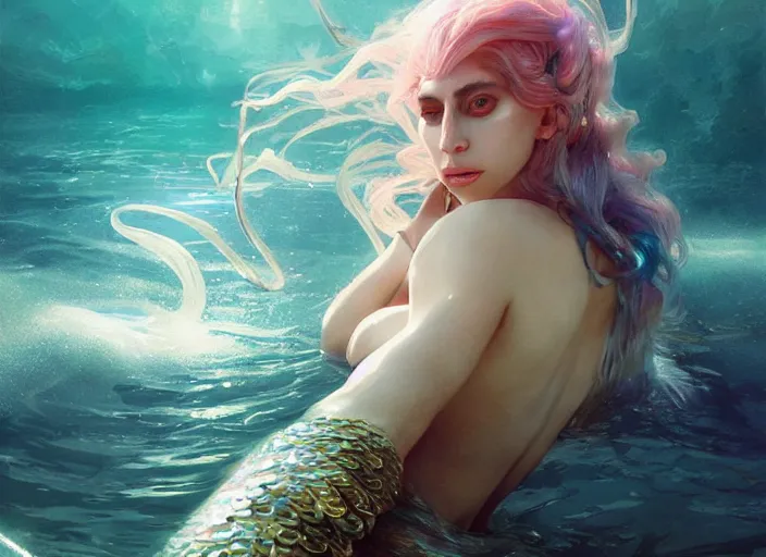 Image similar to lady gaga as a mermaid, intricate, sharp focus, lens flare, bloom, illustration, highly detailed, digital painting, concept art, matte, art by ruan jia and wlop and greg rutkowski