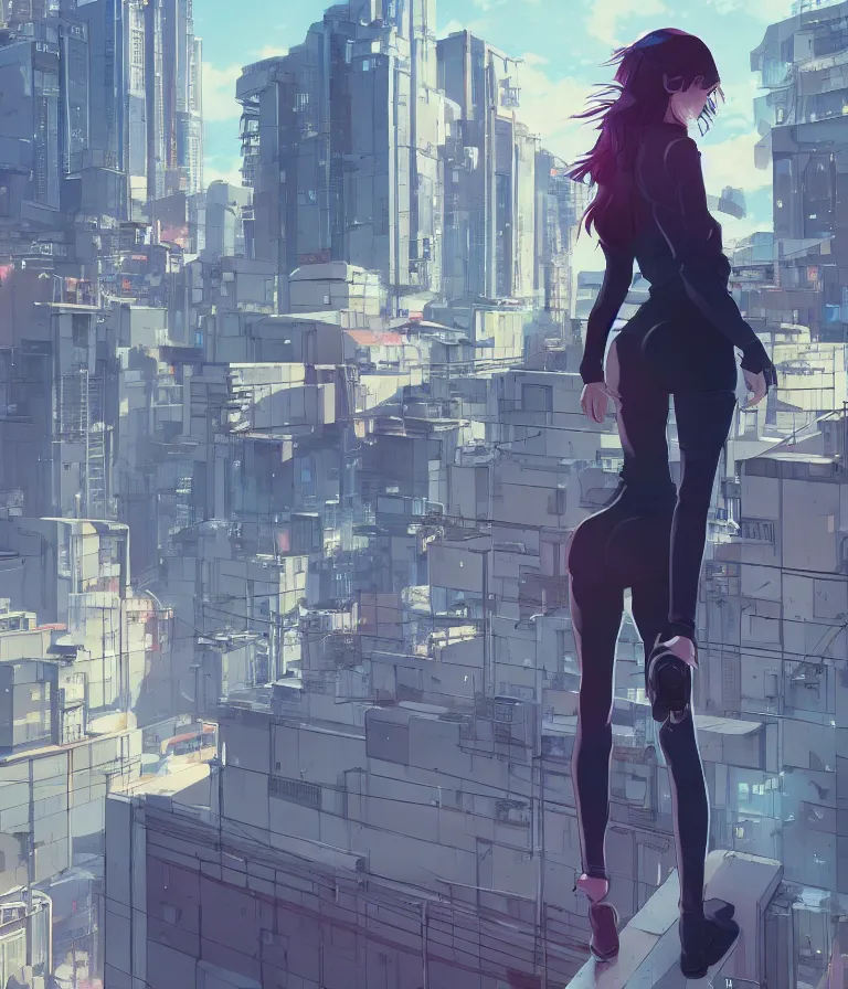 Image similar to a girl stands on top of a multi-storey building, anime style, 4k, cyberpunk city in the background, HD, artstation, very detailed, by Ilya Kuvshinov