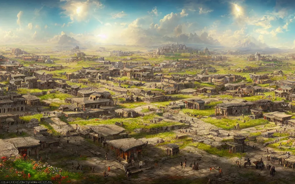 Prompt: a lively ancient city in the open eurasian steppes, beautiful spring view, matte painting, highly detailed, sharp