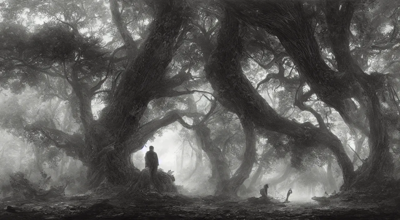 Image similar to huge leaves. edward gorey, andreas achenbach, artgerm, mikko lagerstedt, zack snyder, tokujin yoshioka