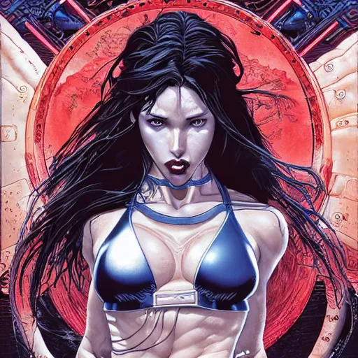 Image similar to portrait of crazy lara croft, symmetrical, cinematic colors, by yoichi hatakenaka, masamune shirow, josan gonzales and dan mumford, ayami kojima, takato yamamoto, barclay shaw, karol bak, yukito kishiro