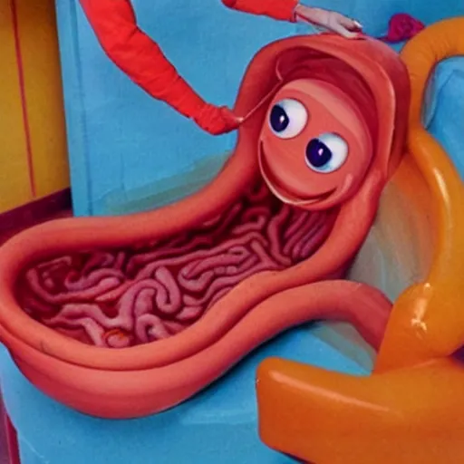 Prompt: a female anthropomorphic intestine in a bathtub, children's television show, 1974, technicolor