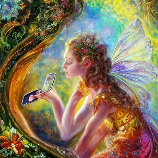 Image similar to a fairy checking her cell phone by senior concept artist josephine wall, acrylic on canvas, intricately detailed, high resolution trending on artstation