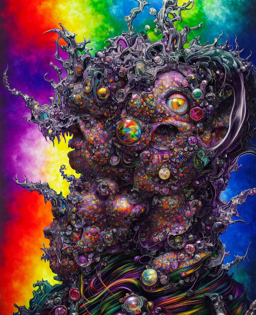 Image similar to realistic detailed image of ultra wrathful rainbow diamond nightmare scientist mega god of chaos, depth perception, depth of field, action horror by lisa frank, ayami, karol bak, neo - gothic, gothic, rich deep colors, part by adrian ghenie and gerhard richter. art by yoshitaka amano. masterpiece