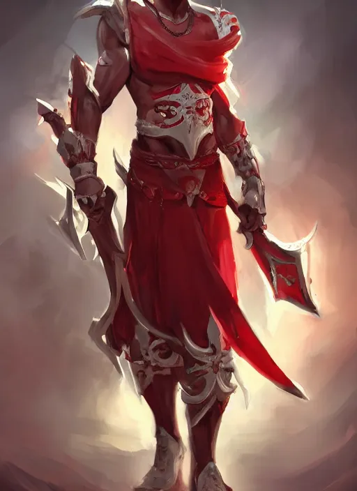 Image similar to a highly detailed illustration of short white haired african priest, wearing cross on robe, wielding red blades, strong standing pose, blood flowing around him, muscular, intricate, elegant, highly detailed, centered, digital painting, artstation, concept art, smooth, sharp focus, league of legends concept art, WLOP