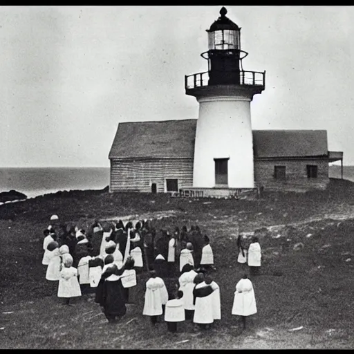 Image similar to worshippers dressed in robes and holding lanterns, belonging to the cult of the lighthouse. Dilapidated 1800s lighthouse. 1800s photo. Very detailed and clear image.