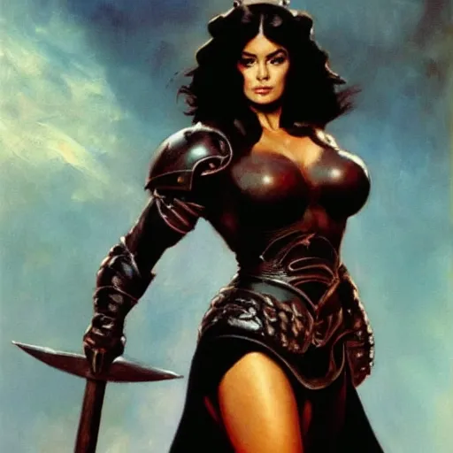 Image similar to a frank frazetta oil painting of selina gomez as a beautiful muscular salma hayek wearing black armor holding a large battle axe, dynamic shot, hd 4 k, intricate, highly detailed, atmospheric, sharp