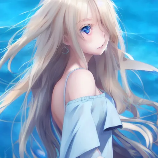 Image similar to a very beautiful anime cute girl, full body, long wavy blond hair, sky blue eyes, full round face, short smile, fancy top, miniskirt, front view, medium shot, mid-shot, highly detailed, cinematic wallpaper by Stanley Artgerm Lau